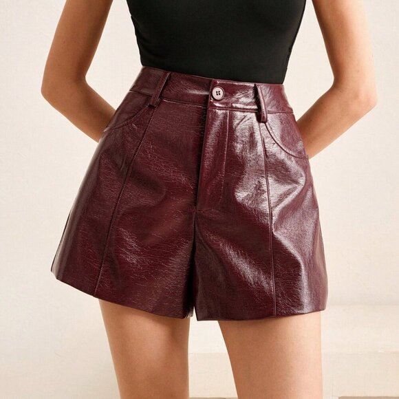 Burgundy Casual Women's Business Chic Iridescent Faux Leather Shorts - Picture 6 of 6